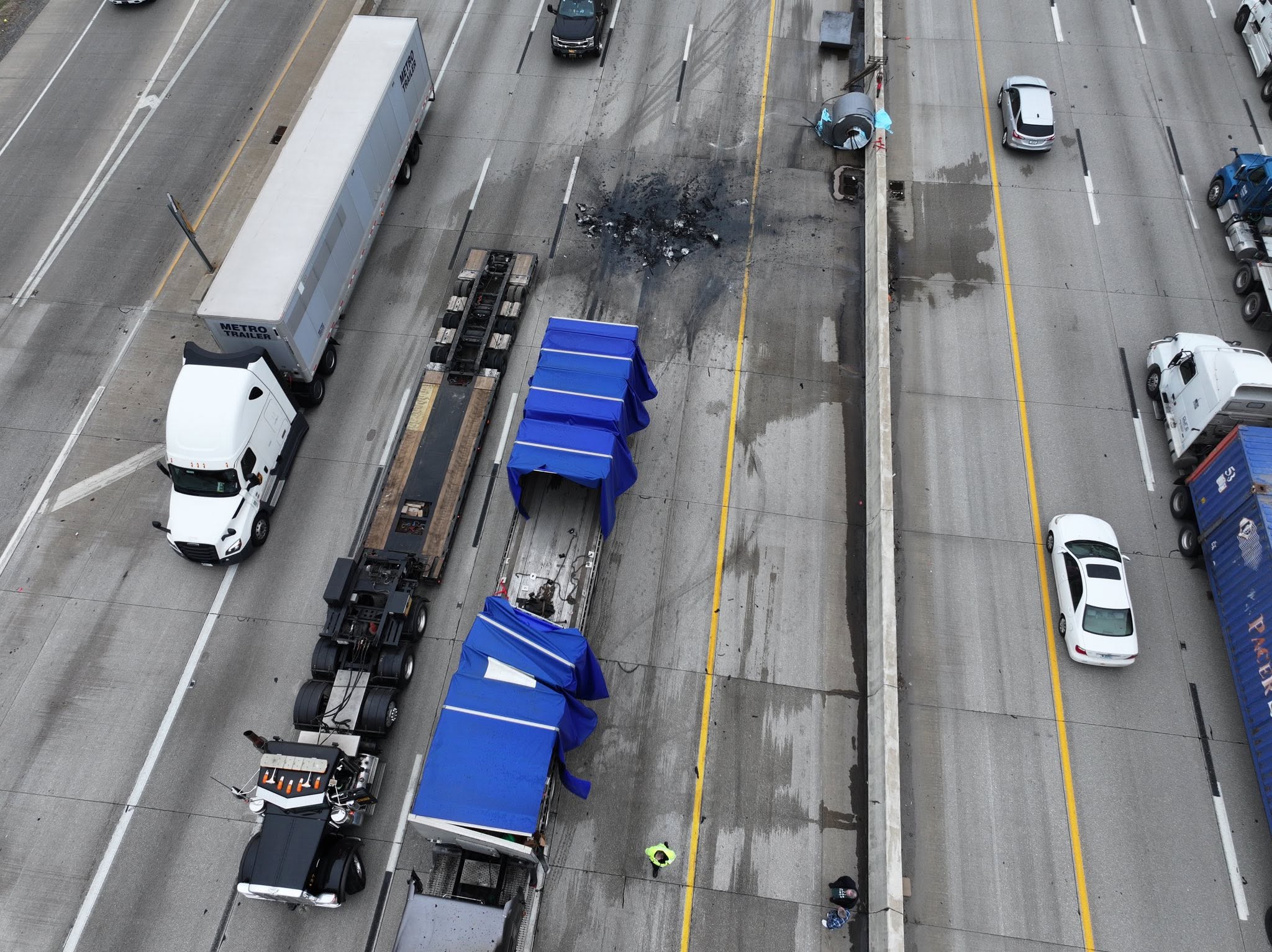 Aerial view of highway freight transfer and trailer support