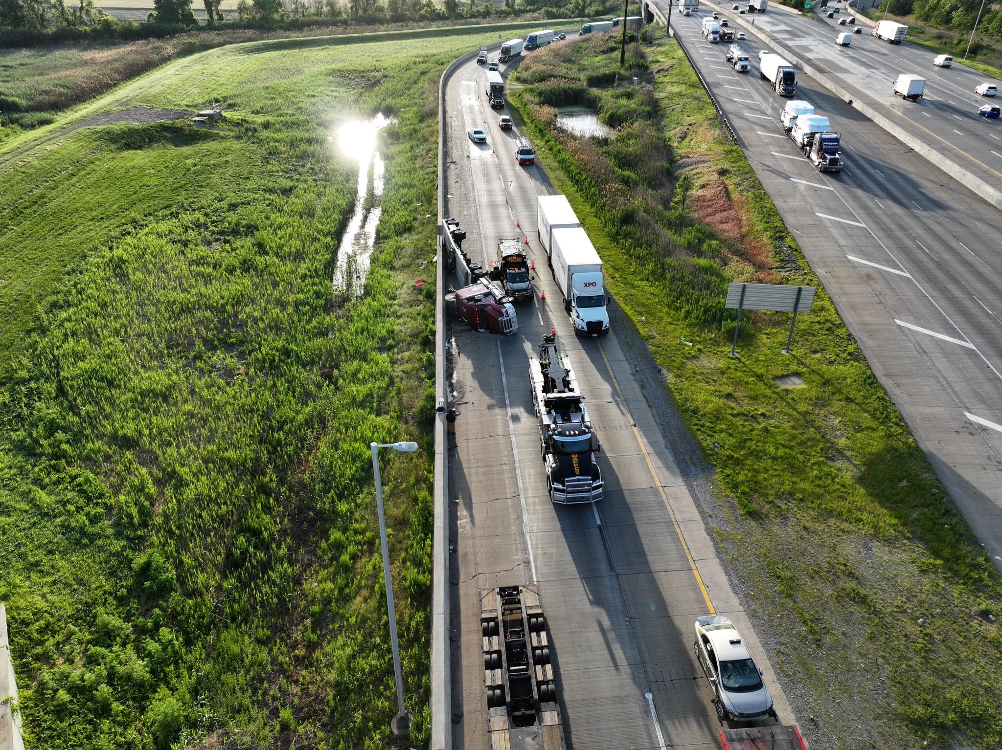 Aerial view of interstate overturn response with Waffco units